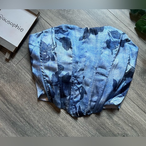 Girl soul satin-y denim print floral smocked back corset crop top Size L NWT! - Picture 1 of 5